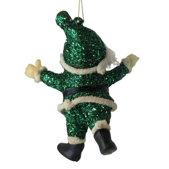 Vintage Green Glitter Flocked Leprechaun Santa Claus and Plaid Heart Ornaments - Picture 5 of 8